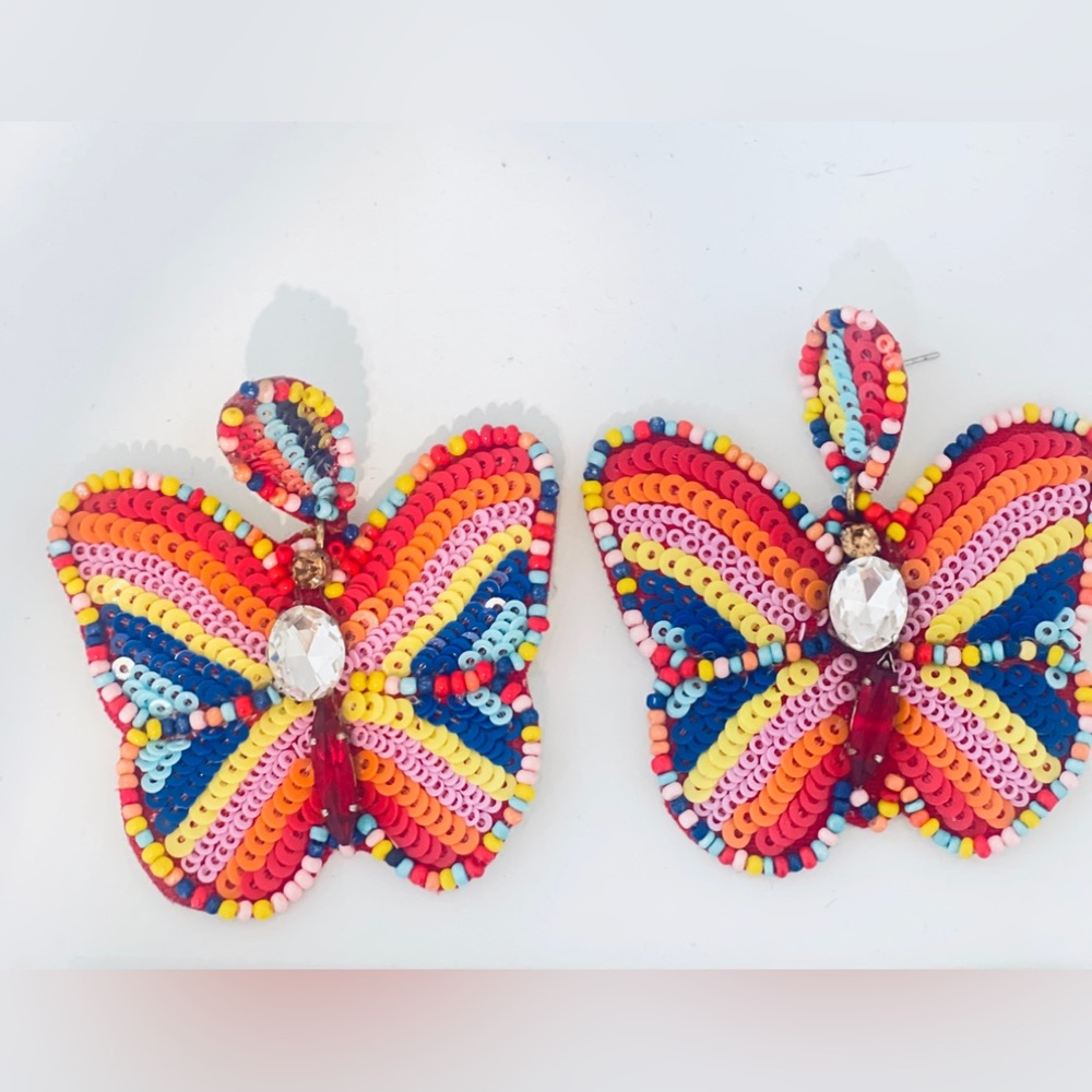 New, Betsey Johnson, Brightly beaded, dangle Butterfly Earrings, lightweight